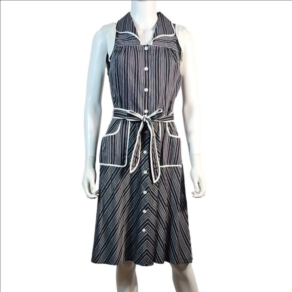 BCBGMaxAzria Rayon Blend Black White Stripe Sleeveless Tie Belt Shirt Dress